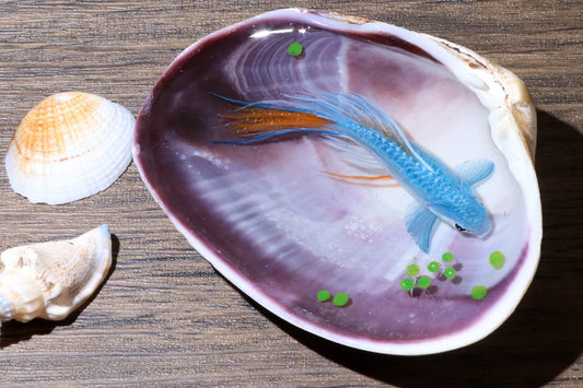 Epoxy resin painting blue koi int a strong shell, resin handcraft