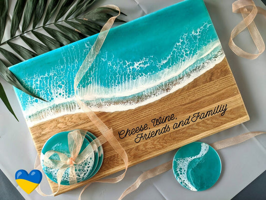 Personalized Wedding Family gift box Large Oak Wooden Ocean Resin Cheese Board Set