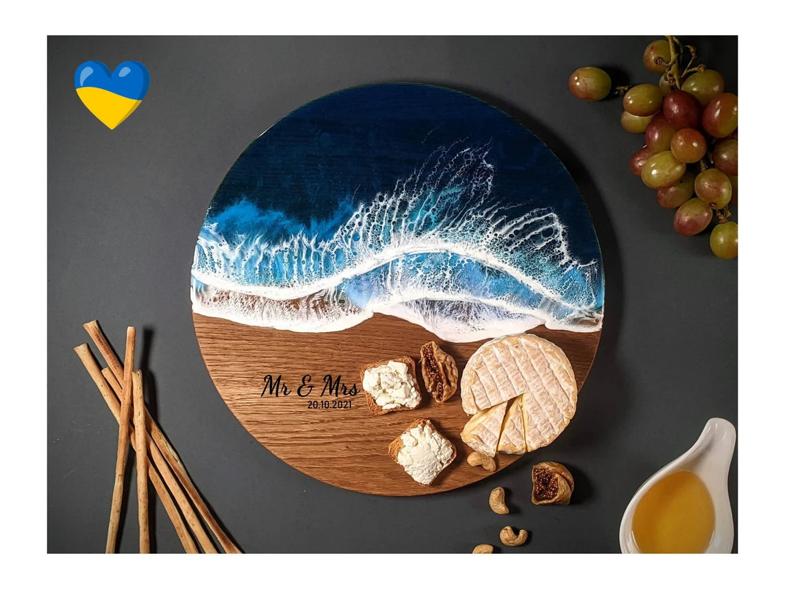 12" Wooden Ocean Resin Art Round Charcuterie Board Personalized