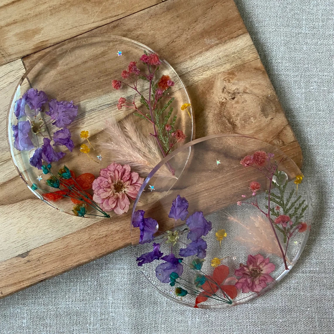 Resin Coasters, Dried Pressed Flowers Coasters, Coffee, Flower, Stone, Marble, Set Of 4