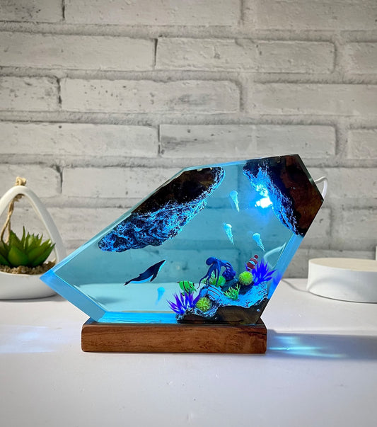 Humpback whale and Jellyfish resin night light,Epoxy and Wooden Night Lights