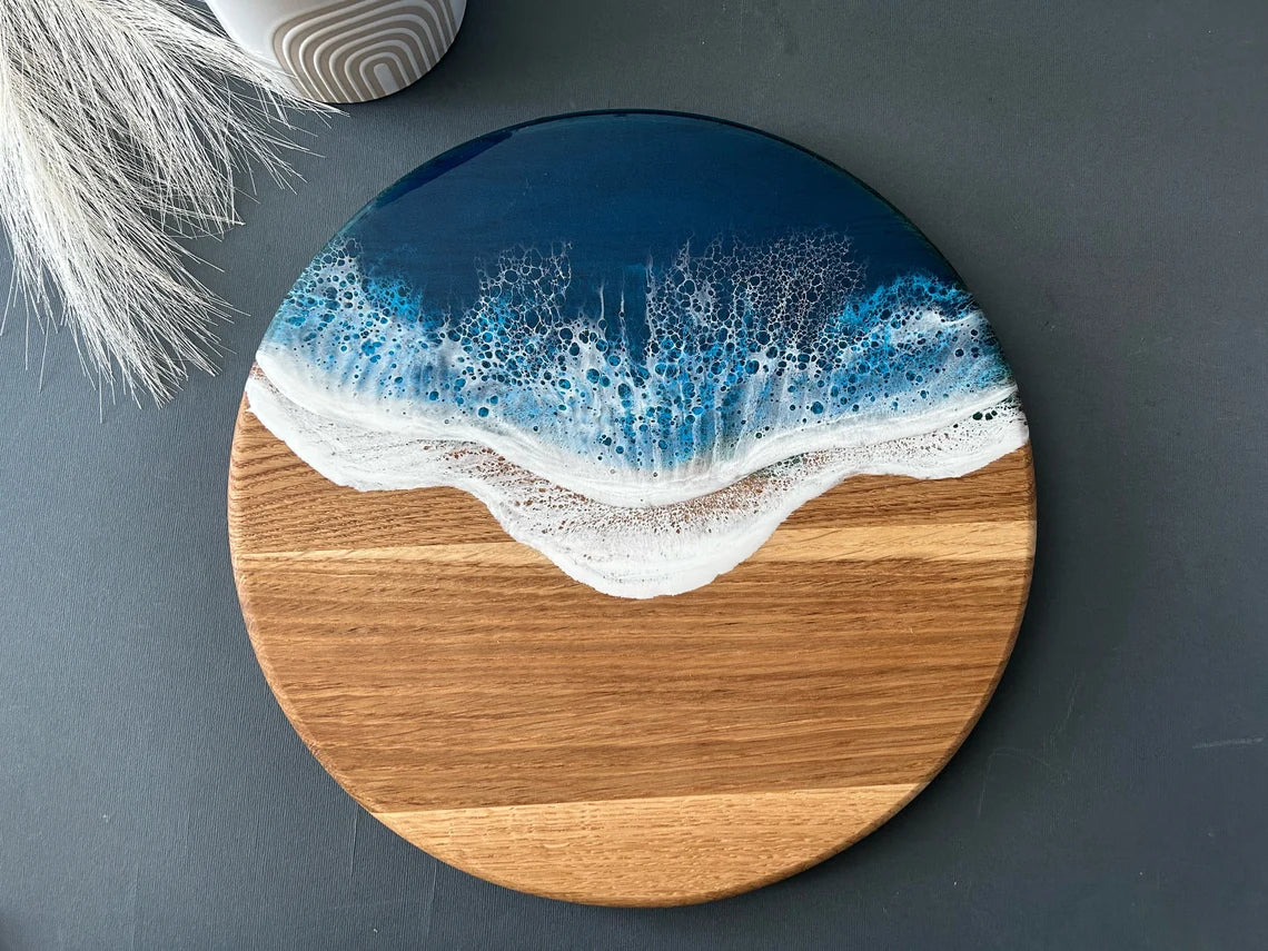 12" Wooden Ocean Resin Art Round Charcuterie Board Personalized