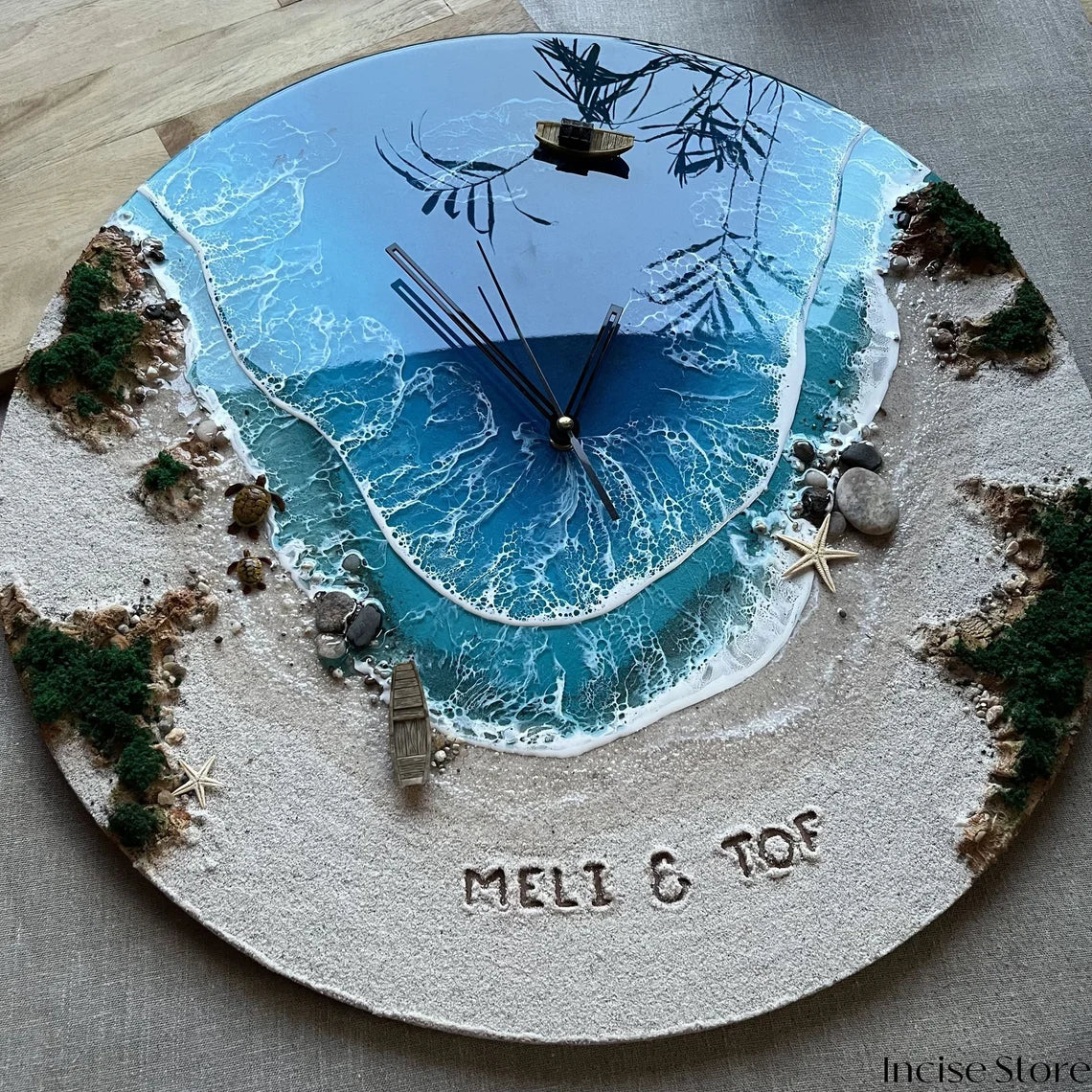 Resin Ocean Wall Clock, Personalized Clock, Recreate Your Favorite Beach, Name On Sand