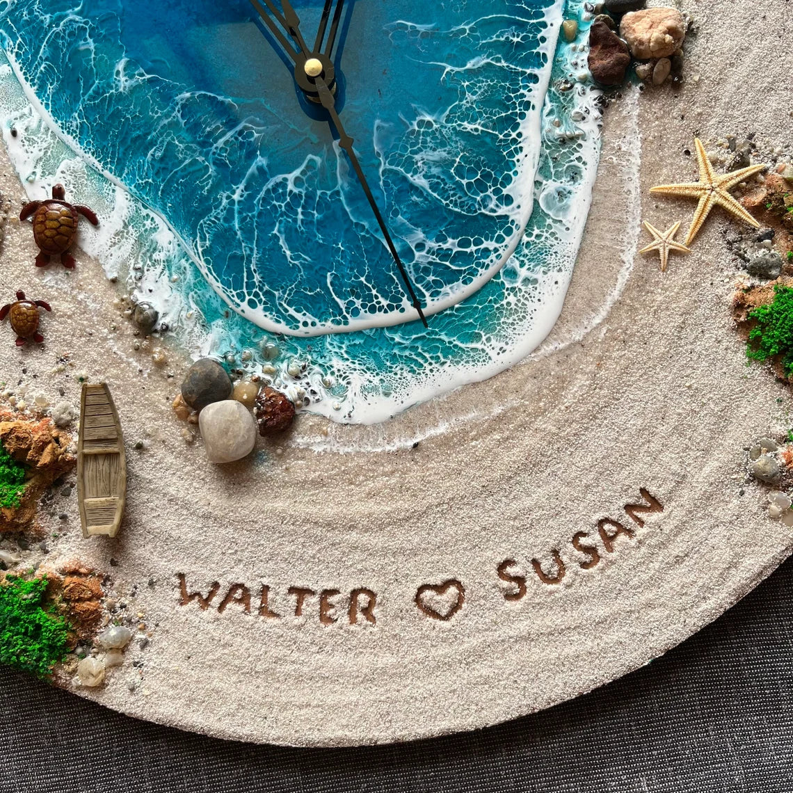 Resin Ocean Wall Clock, Personalized Clock, Recreate Your Favorite Beach, Name On Sand