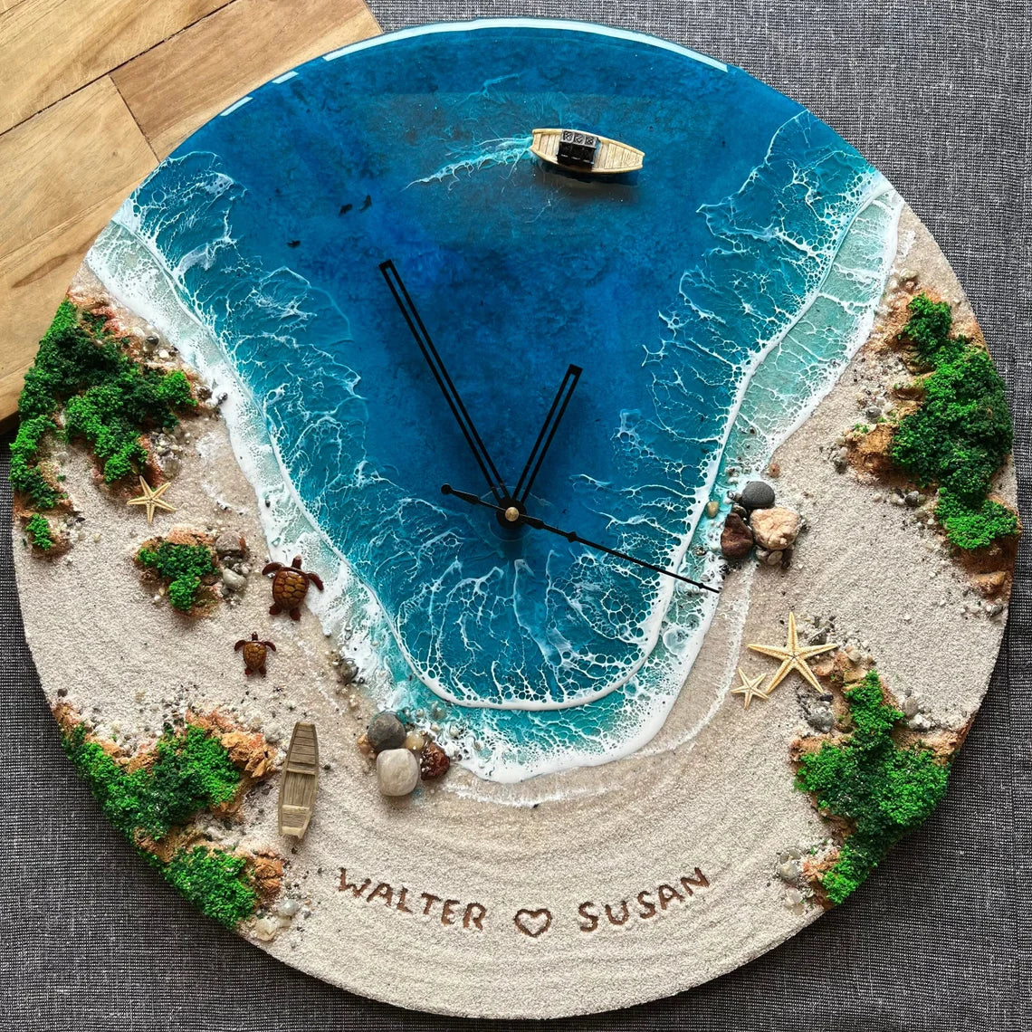 Resin Ocean Wall Clock, Personalized Clock, Recreate Your Favorite Beach, Name On Sand