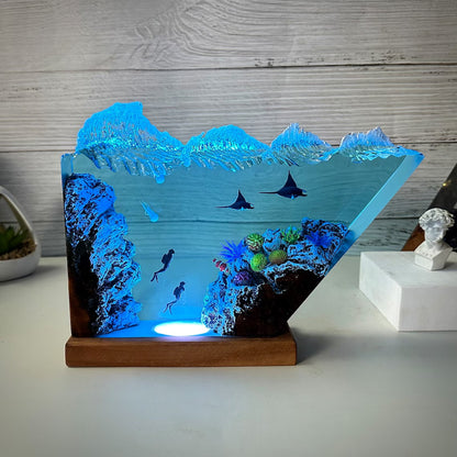 Daddy and baby Manta Rays Lamp, Epoxy Resin Table Lamp, Ocean Resin Lamp