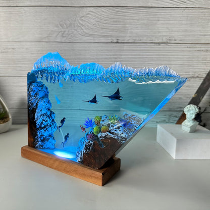 Daddy and baby Manta Rays Lamp, Epoxy Resin Table Lamp, Ocean Resin Lamp