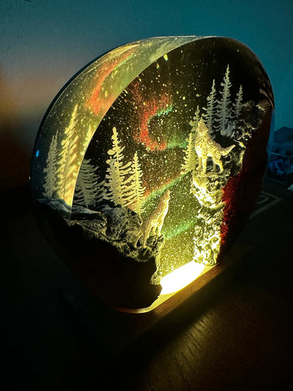 Silver Wolf Resin Lamp, Handmade decor Epoxy Lamp