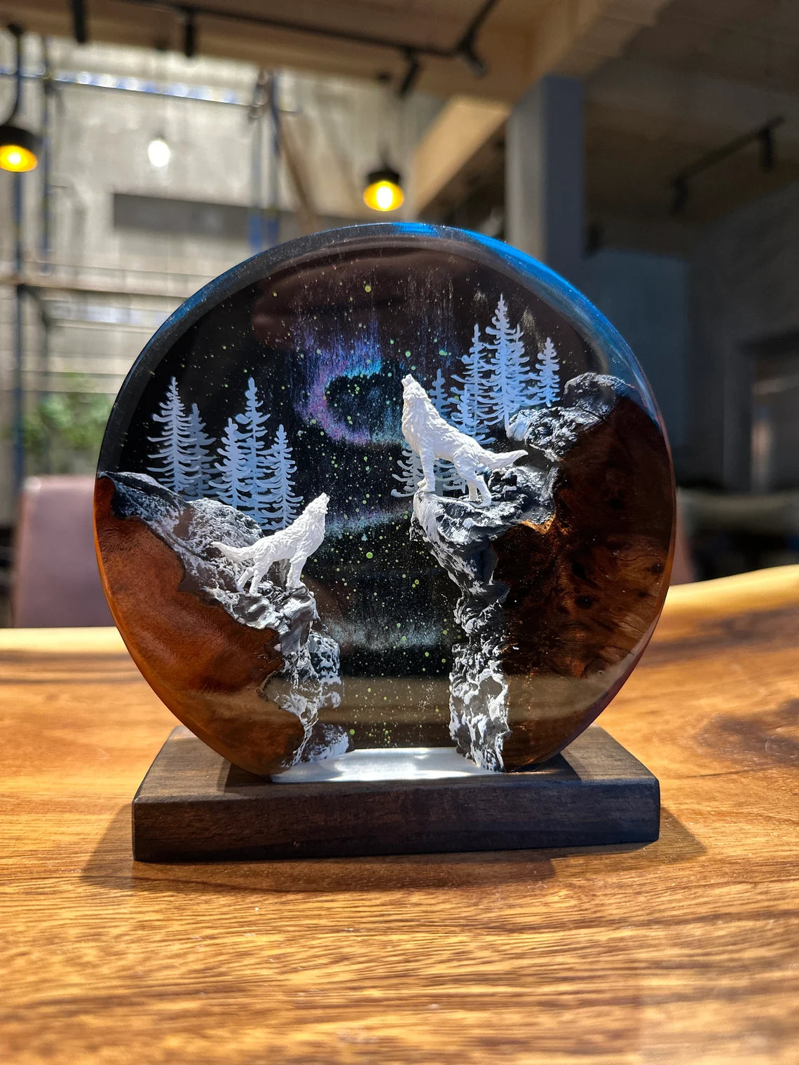 Silver Wolf Resin Lamp, Handmade decor Epoxy Lamp