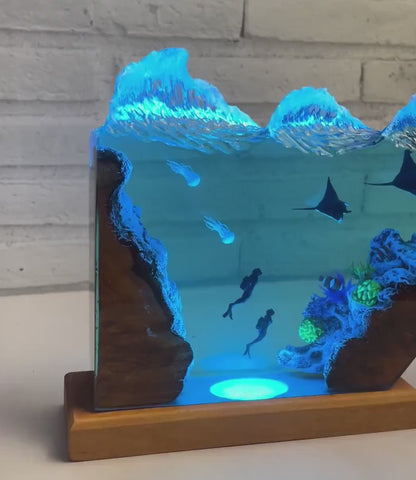 Daddy and baby Manta Rays Lamp, Epoxy Resin Table Lamp, Ocean Resin Lamp