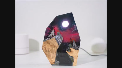 WOLVES in HUNTER'S MOON night Epoxy Lamp